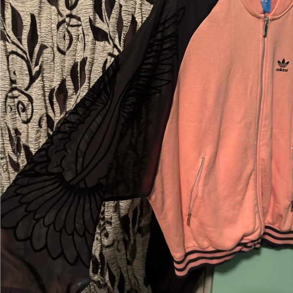 adidas Originals Women's Pink Flocked Wing Mesh Bomber Jacket S Track Top - Picture 3 of 6